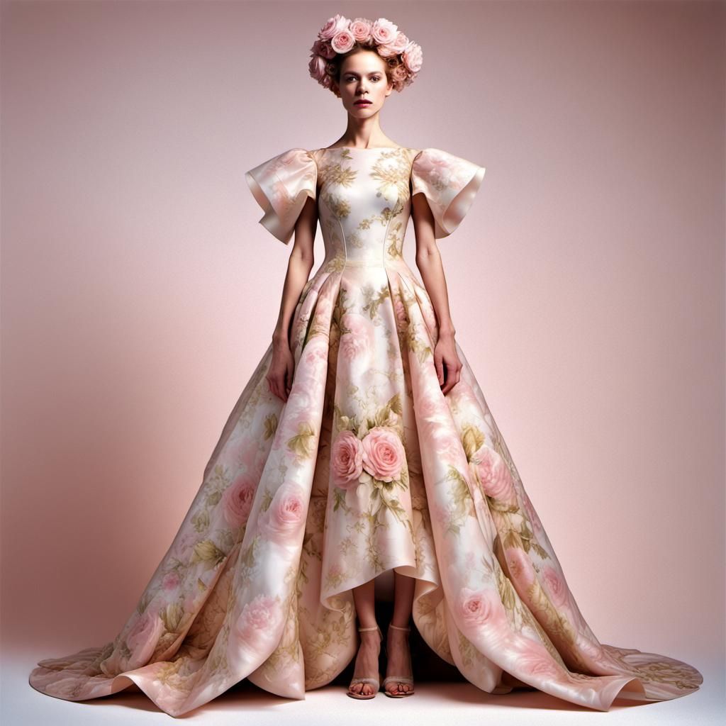 Golden Woman in Flowery Dress, High Fashion