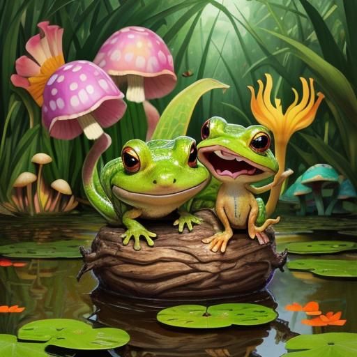 Cute Kitten Frog Hybrid in Snake Mouth: Pixar Style