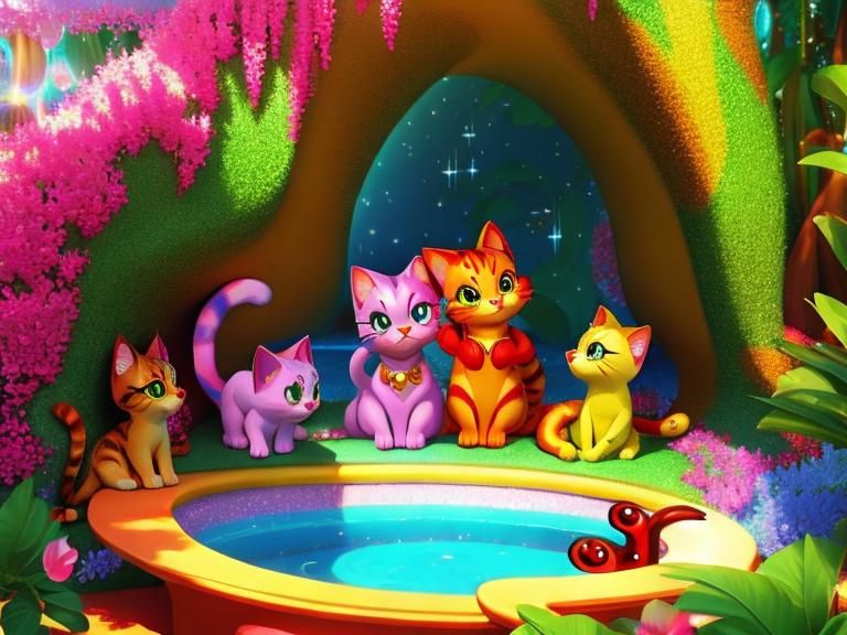 quantum nook, beautiful paradise, 3d, disney style 3d, glossy, many colours, many cats, sparkling, sharp, 3d cartoon, ad...