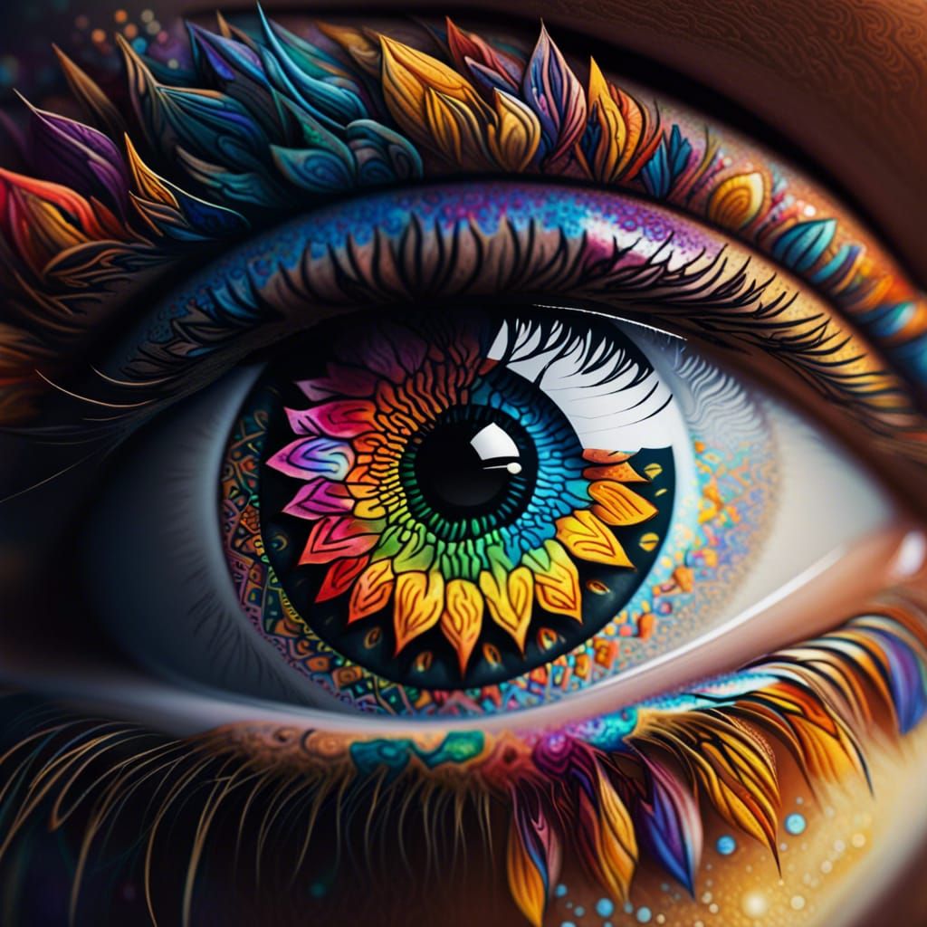 Human Eye with Colorful Mandala Iris, Hyperrealistic Art
