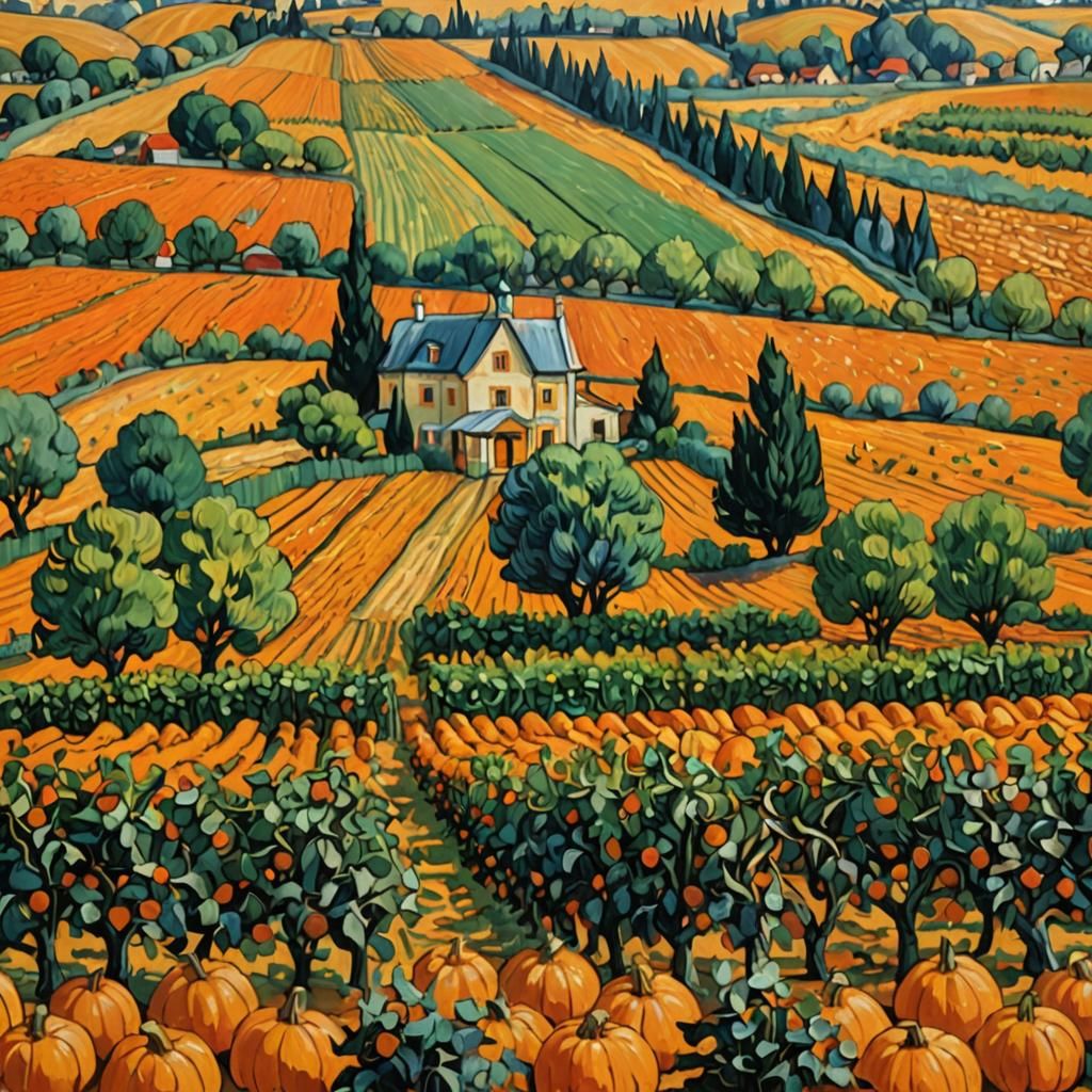Picturesque Pumpkin Field in Van Gogh Style