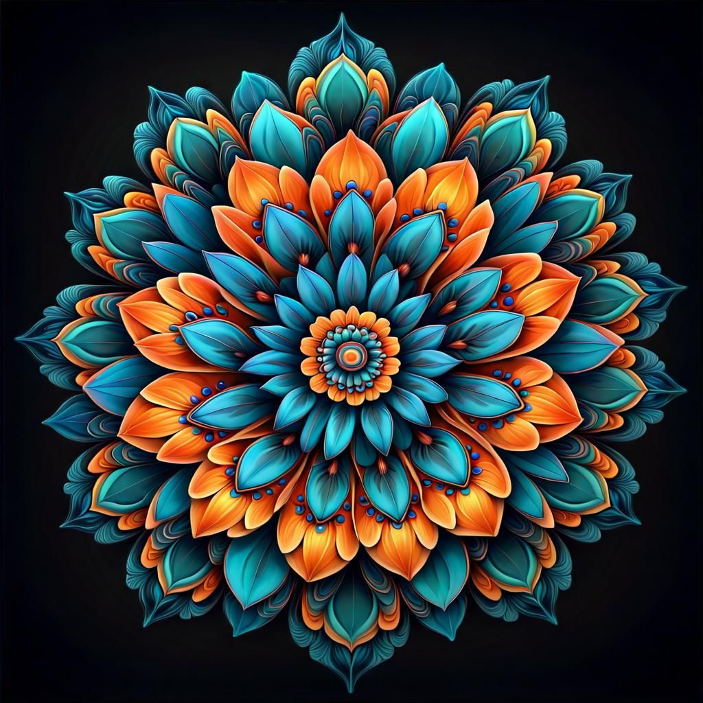 Psychedelic Mandala Flower in Teal and Orange