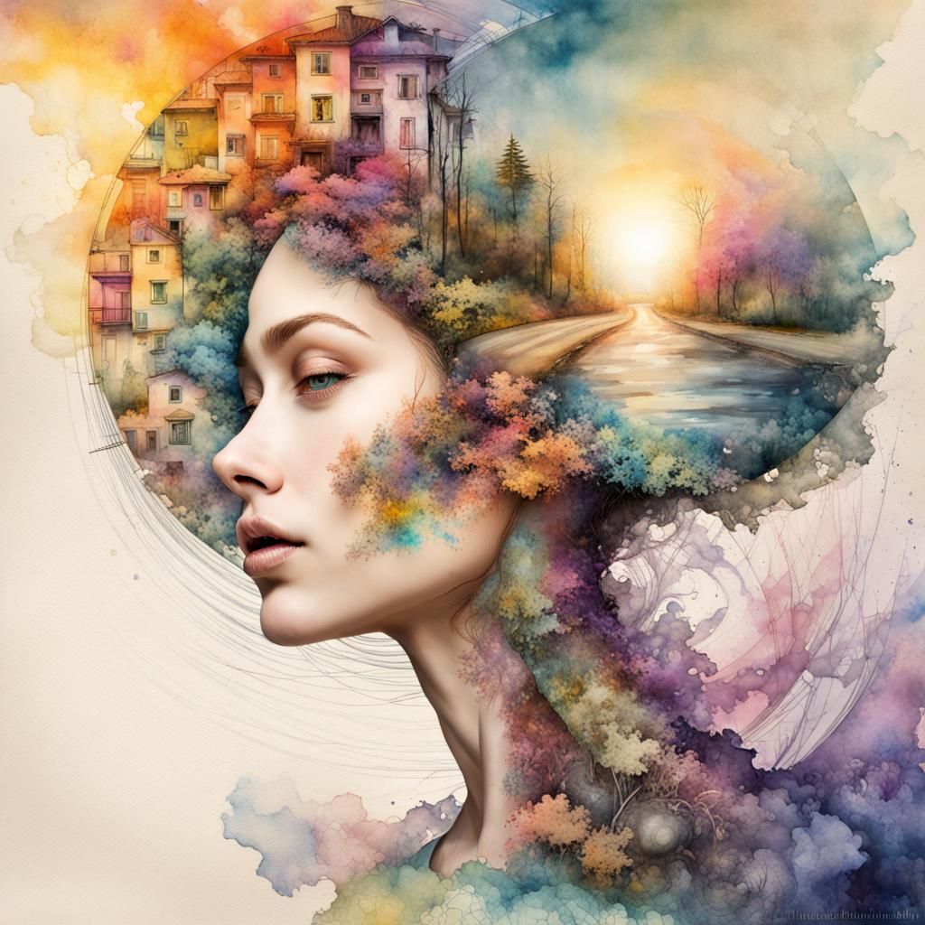 Surreal Roads Inside Head: Watercolor Double Exposure