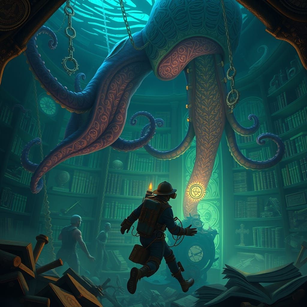 Steampunk Diver and Bioluminescent Squid Discover Sunken Lib...