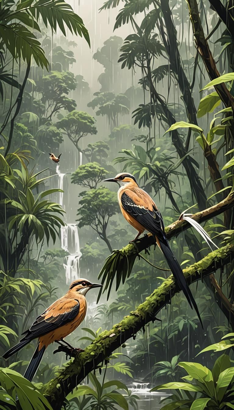Anime-Style Migratory Birds in Amazon Jungle