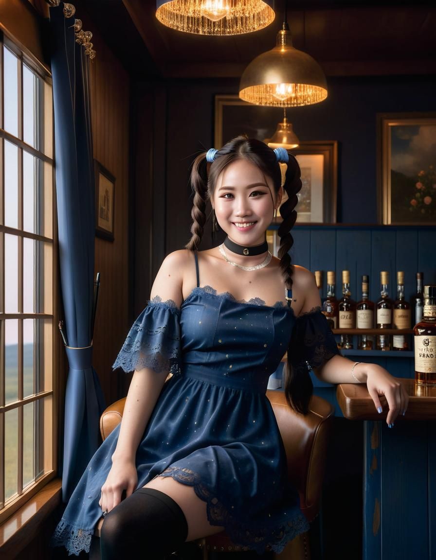 Chiaroscuro Painting of Woman in Bar at Night