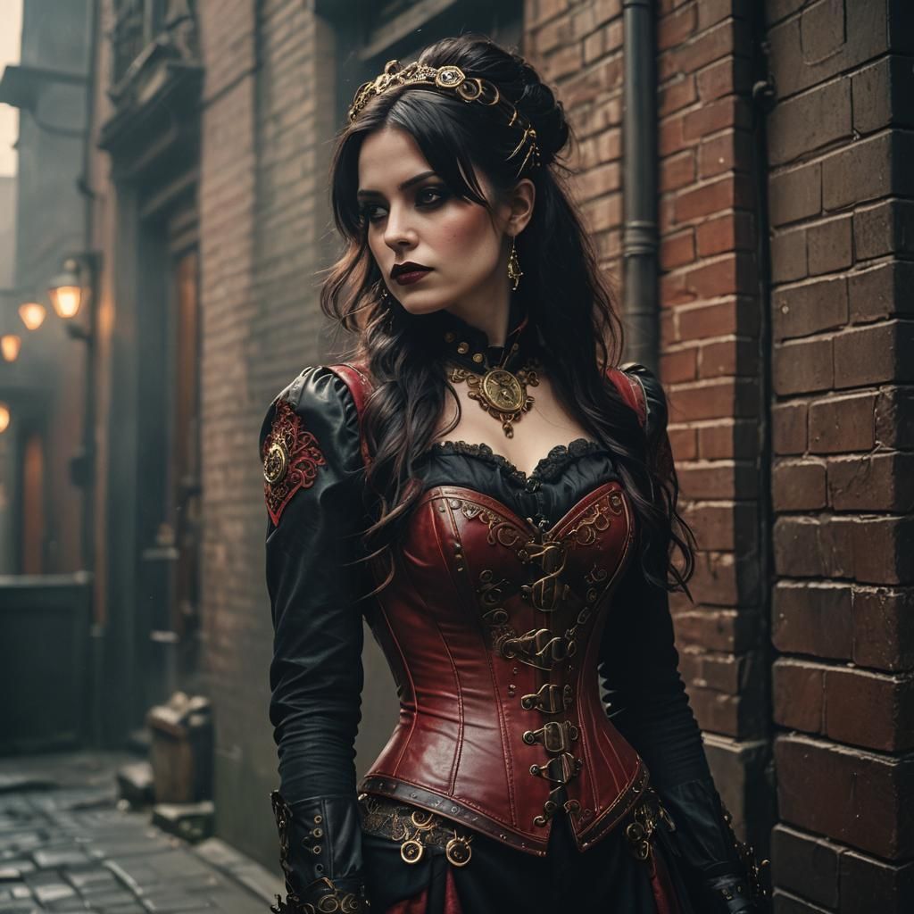 Gothic Steampunk Woman in Foggy Alleyway