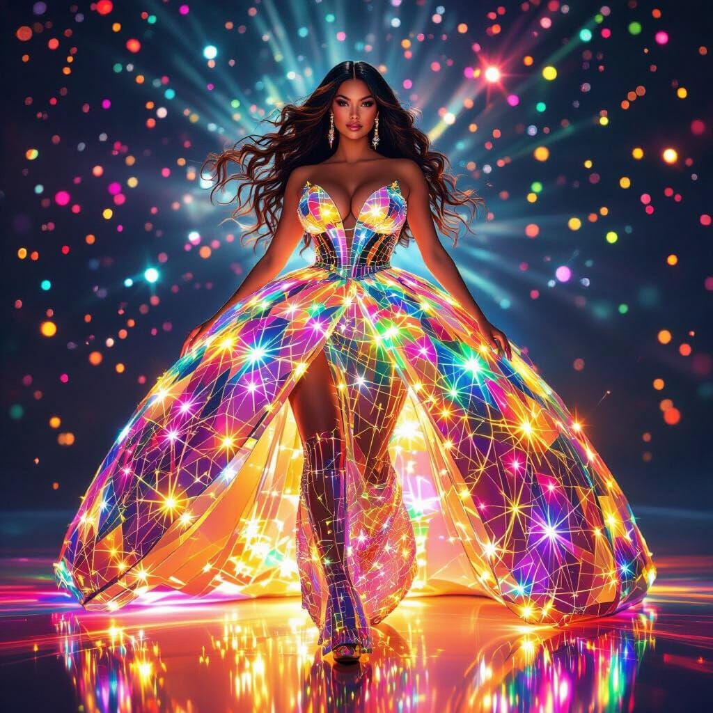 Psychedelic Laser Gown Woman Running in Cosmic Backdrop