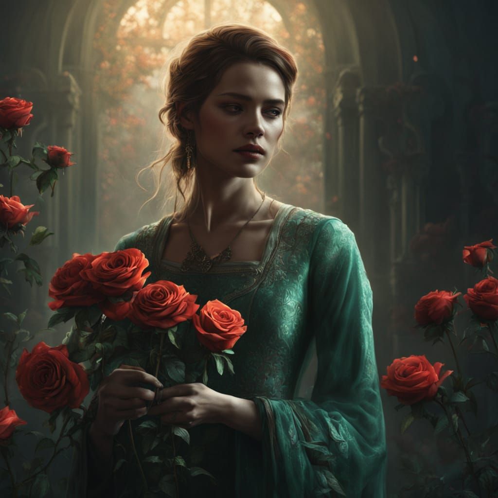 Woman Receives Bad News From Glowing Rose, Digital Matte Pai...