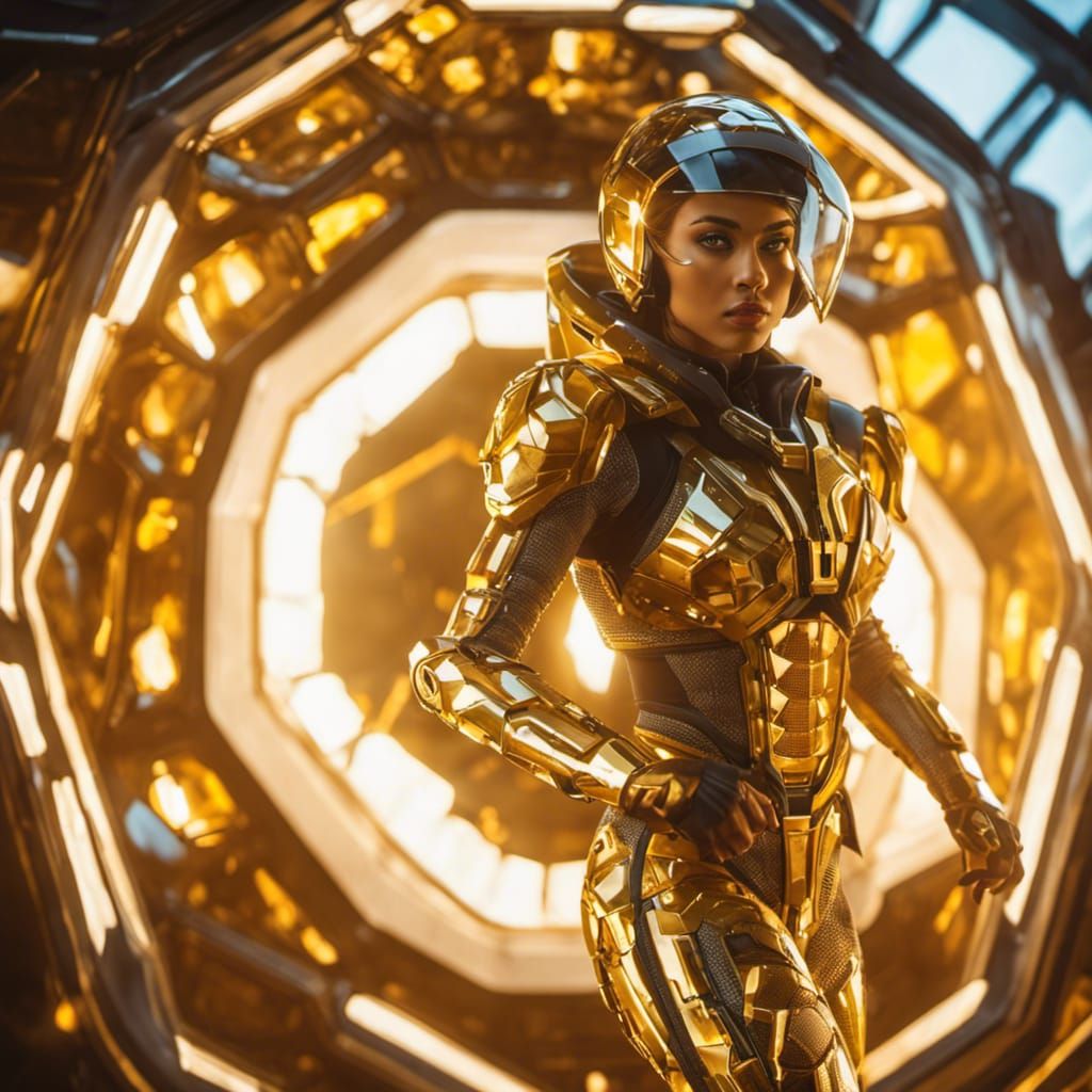 Illuminated Golden Mech Soldier in Spaceship