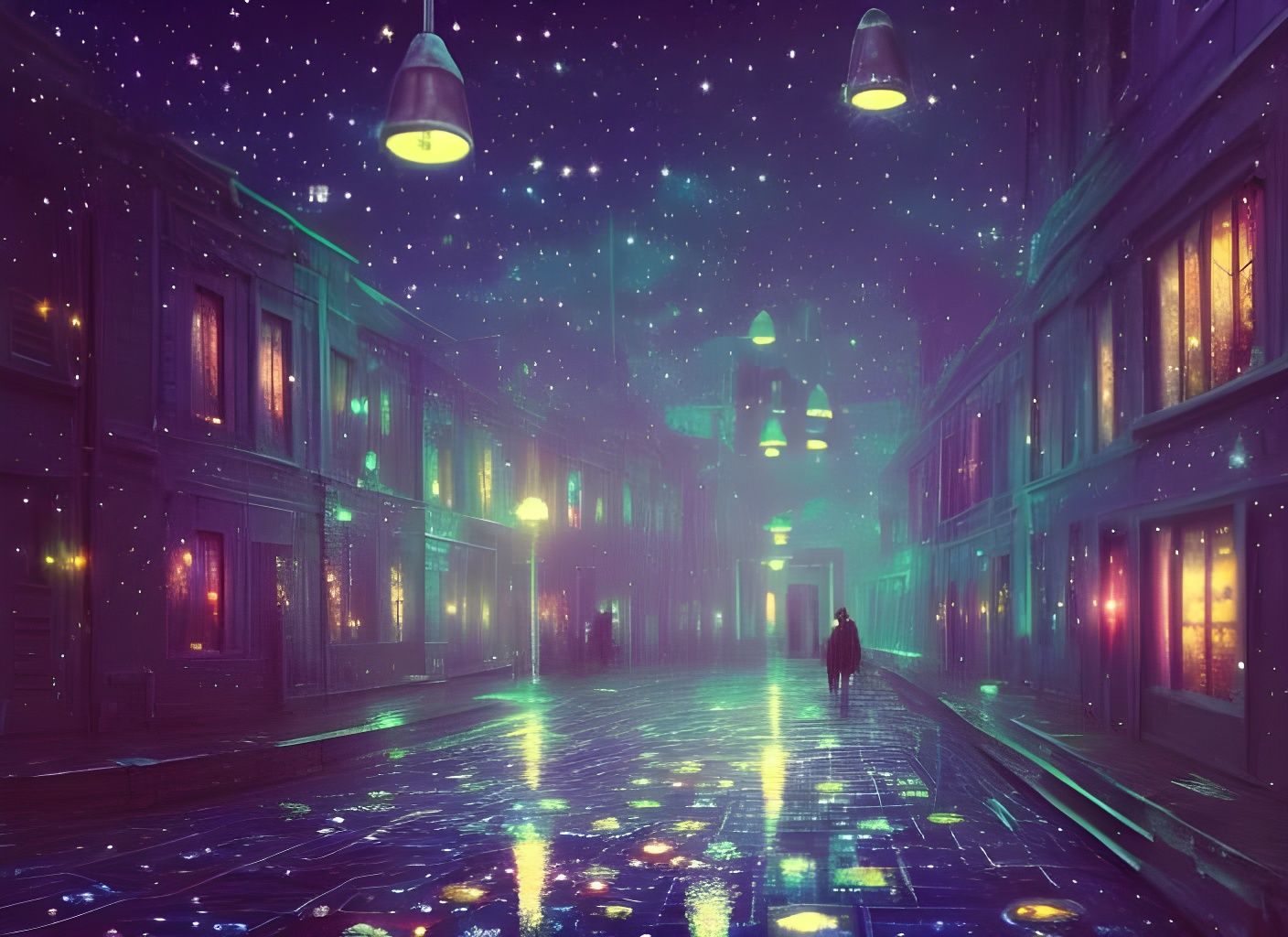 Starry Night Over Rainy Cyberpunk Cityscape