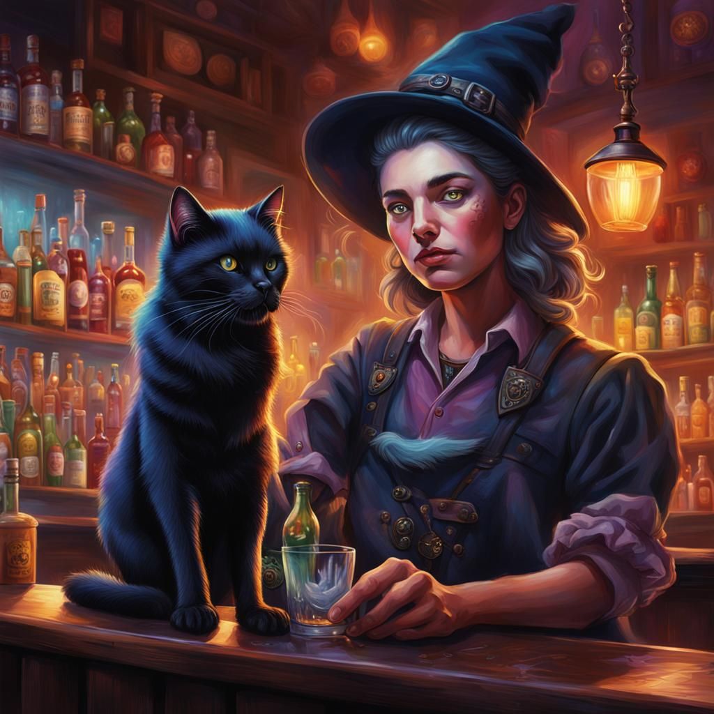 Magical Bar Scene with Witch Bartender in Hyperrealism