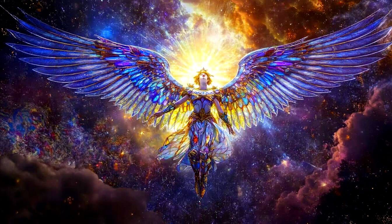 Stained Glass Angel with Wings in Opulent Art Nouveau Style