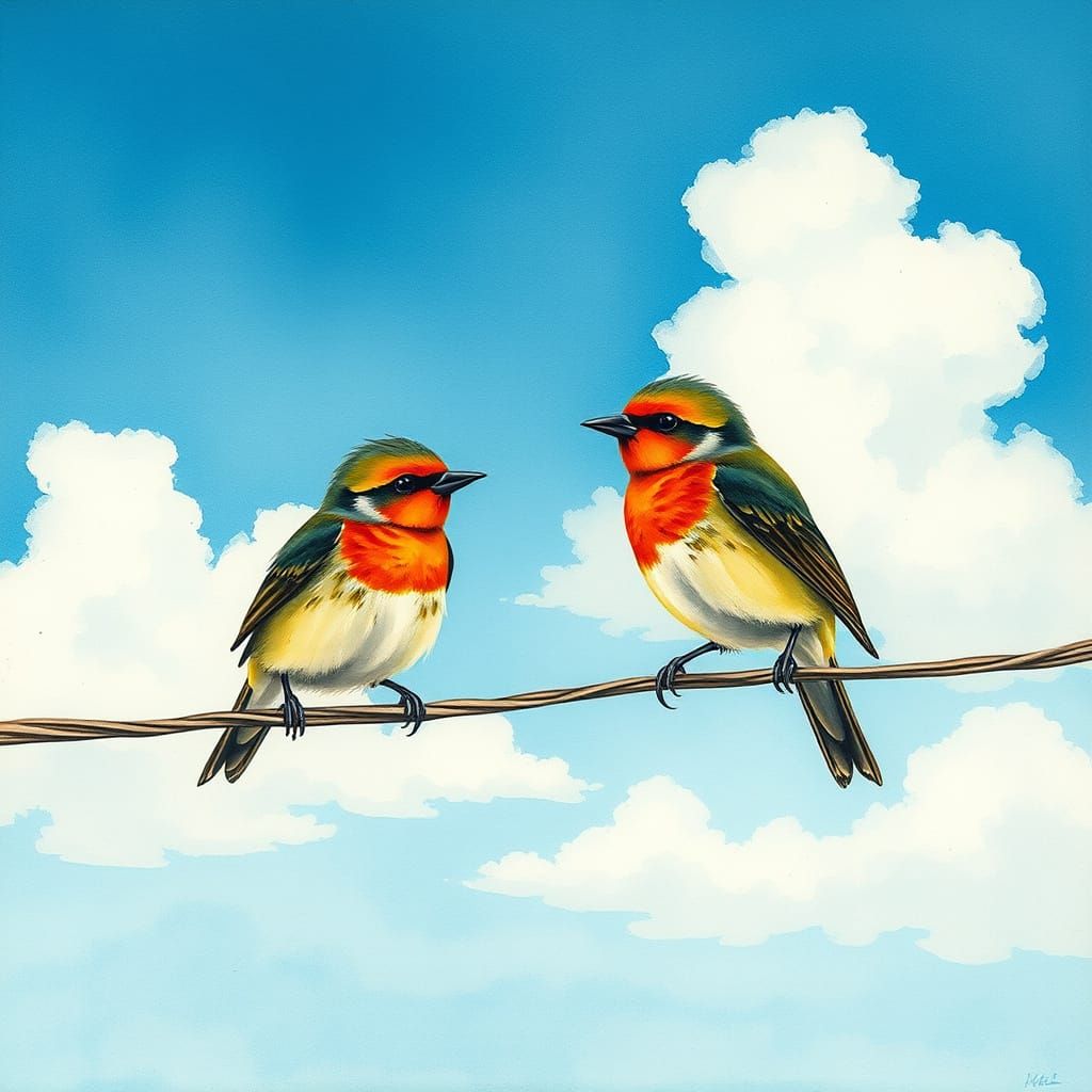Whimsical Watercolor Birds Perched on a Wire