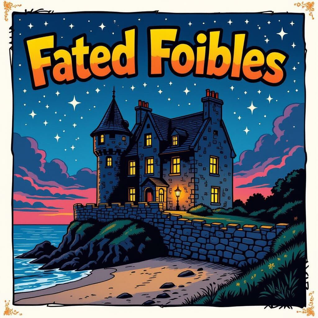 Irish Cliffs Château at Night in Comic Book Style