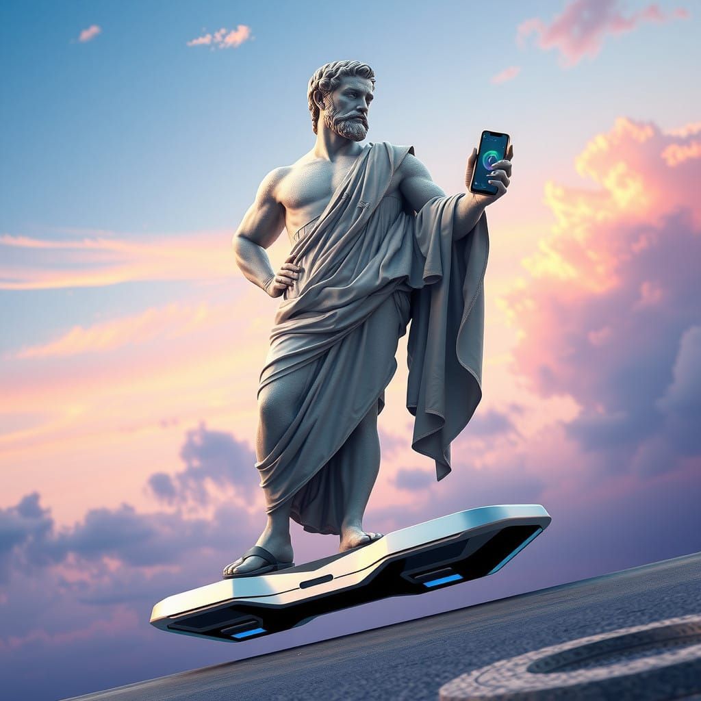 Chiseled Greek Hero on a Futuristic Hoverboard