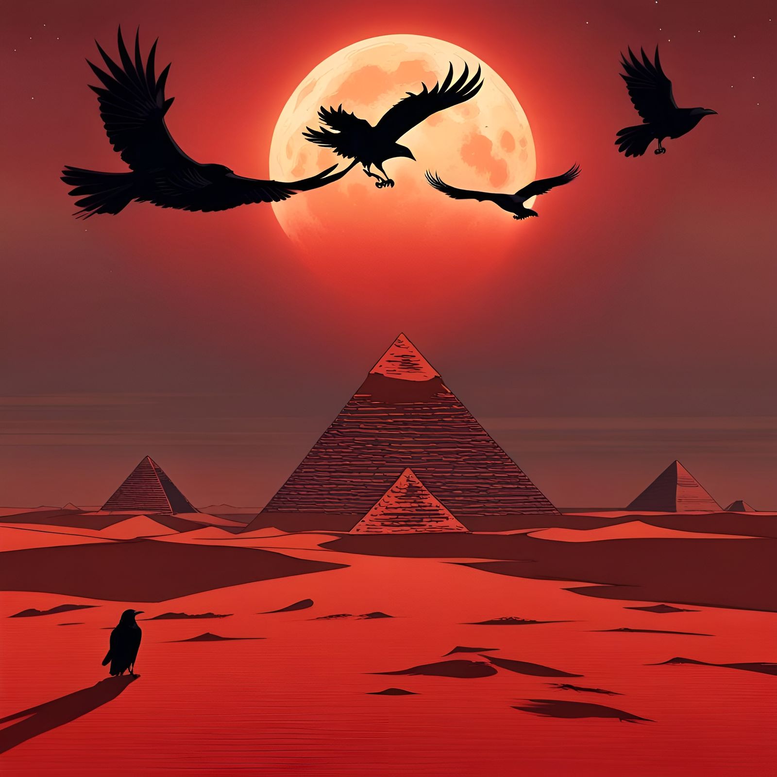 Ravens Over Giza Pyramids Under Red Moon