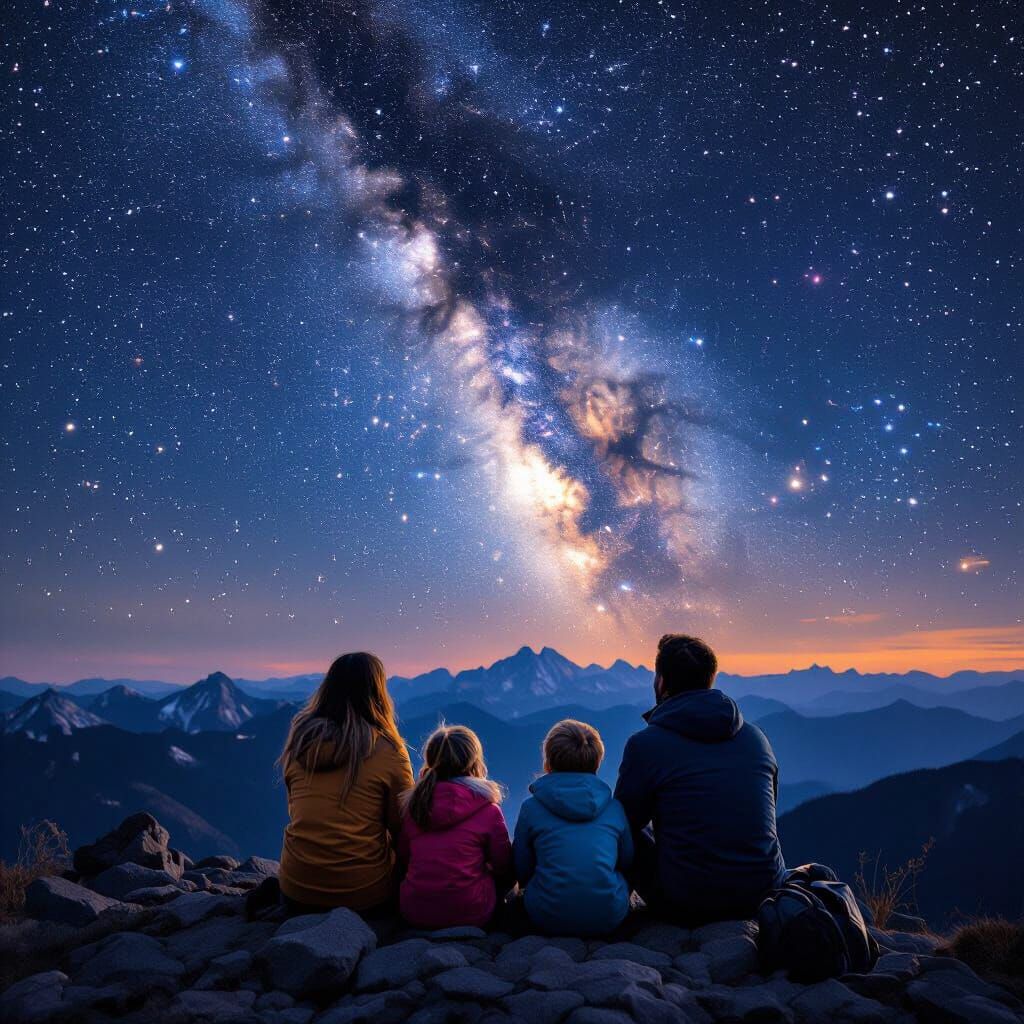 Family Gazing at Milky Way in Impressionist Style