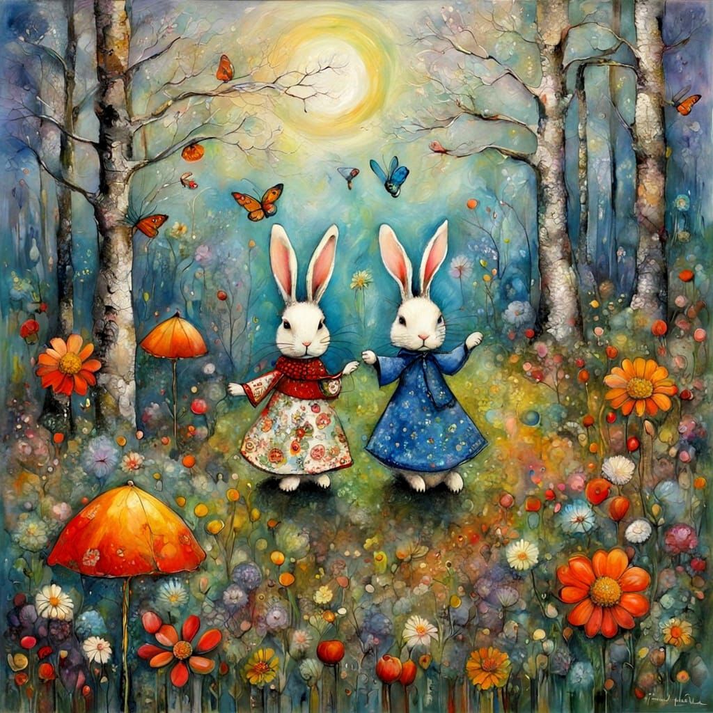 Rabbits and Flowers in Seasonal Dance Encaustic Painting