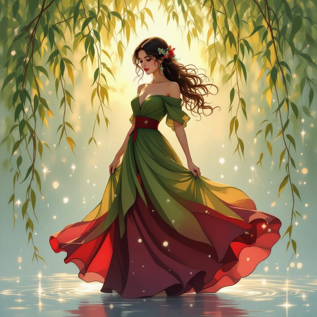 Ethereal Girl in Leaf Dress with Twinkling Raindrops