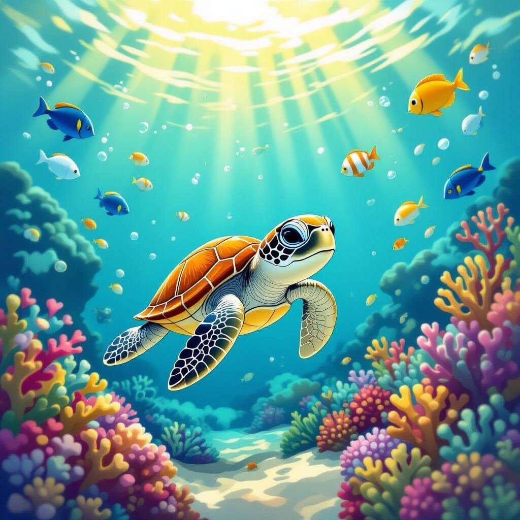 Cute Baby Sea Turtle Swimming in Coral Reef