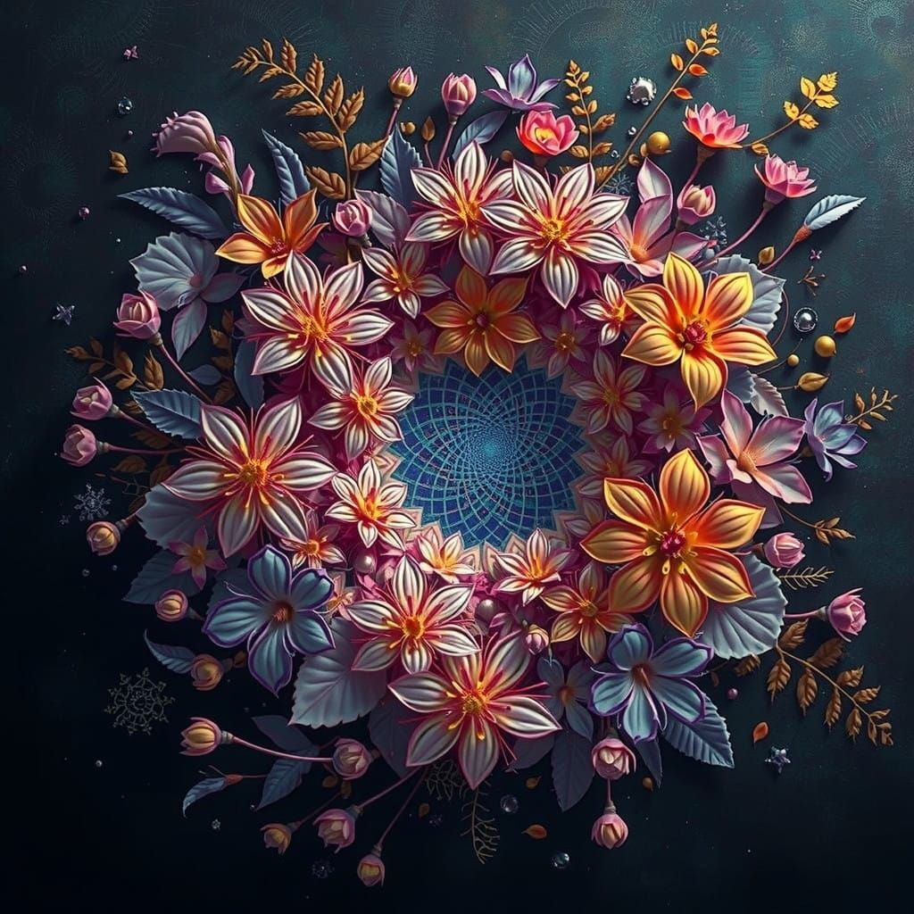 Dreamlike Explosion of Iridescent Blooms in Golden Ratio Har...