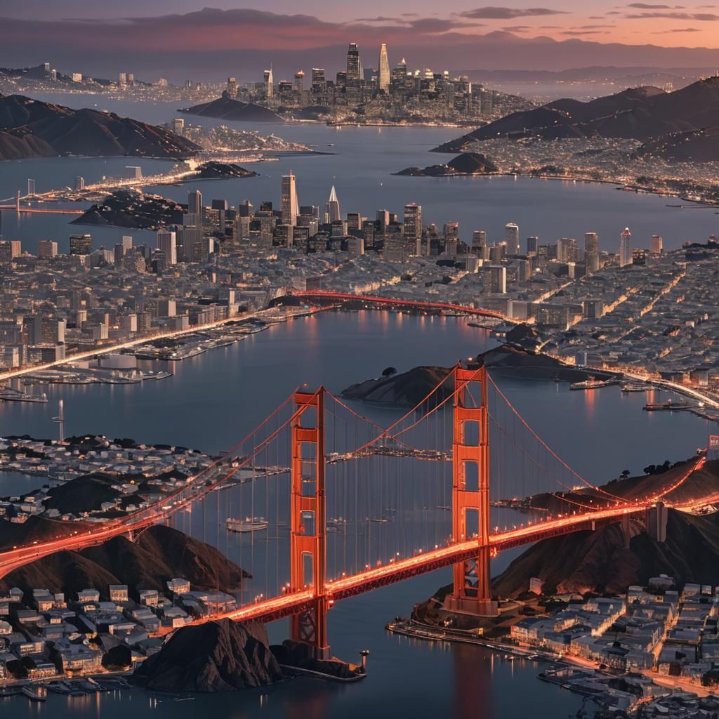 Fluorescent Red Golden Gate Bridge: Detailed Matte Painting