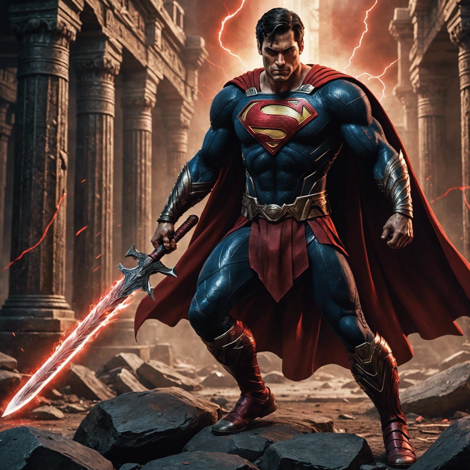 Barbarian Superman Warrior Levitating with Sword