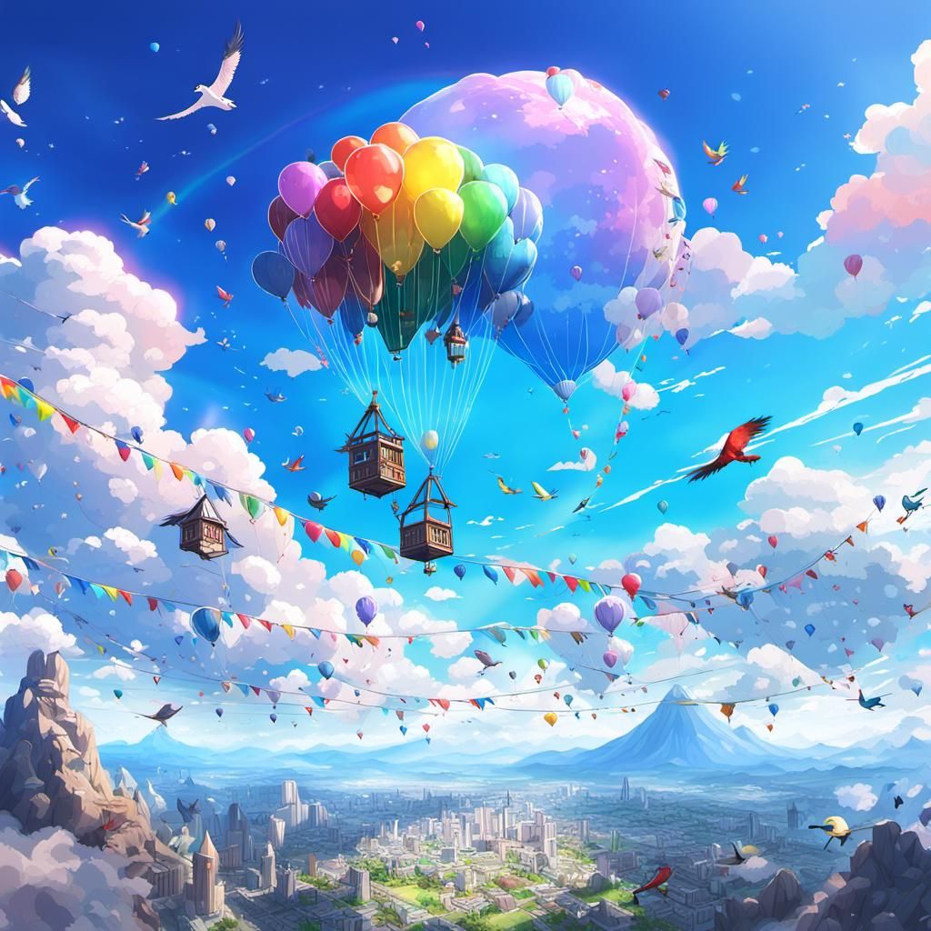 Colorful Balloon Travel in Anime Style