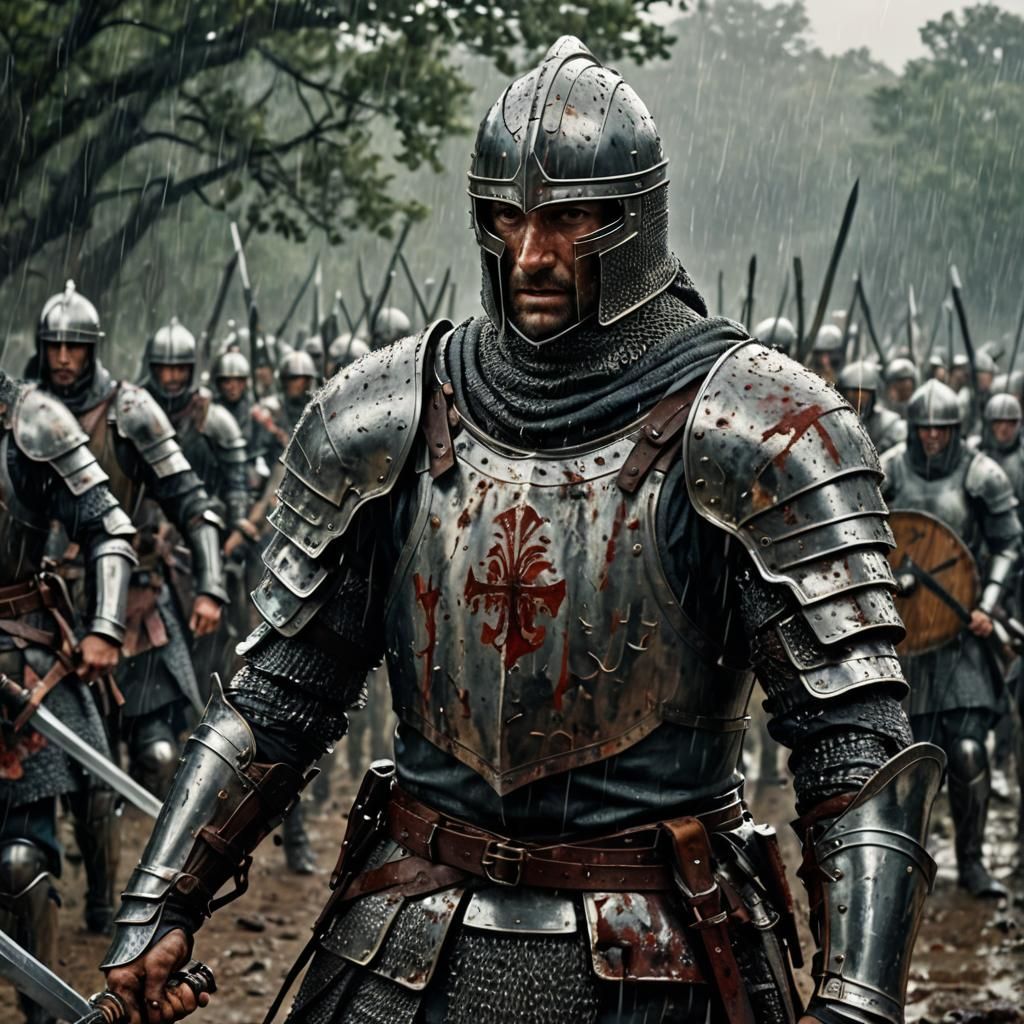 Valiant Knight Portrait on Battlefield in Hyperrealism