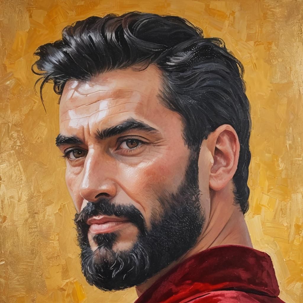 Smiling Man in Red Velvet Bathrobe as Impasto Painting