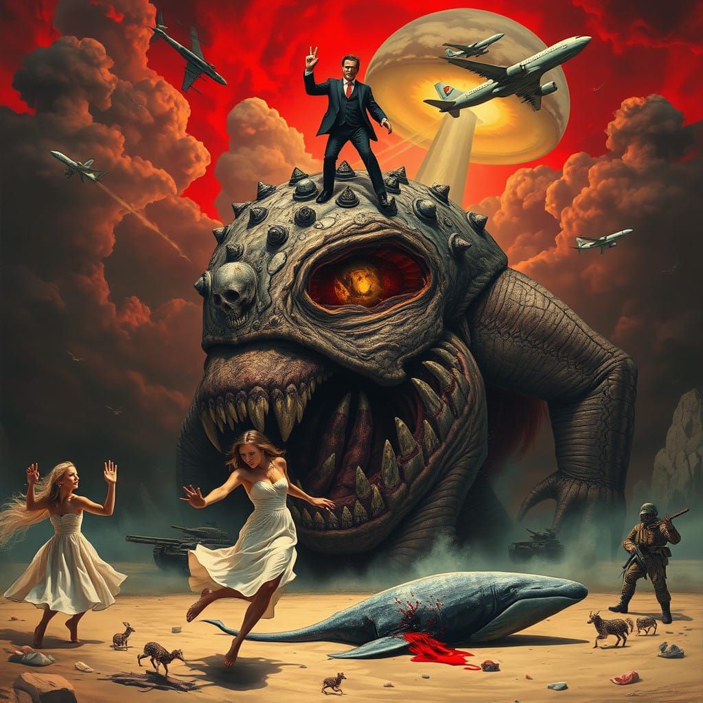 Red Apocalypse: Woman Fleeing from Capitalist Monster