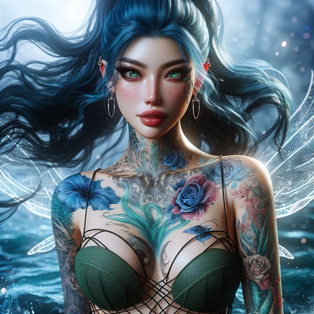 Enchanting Water Nymph with Blue Hair, Digital Art