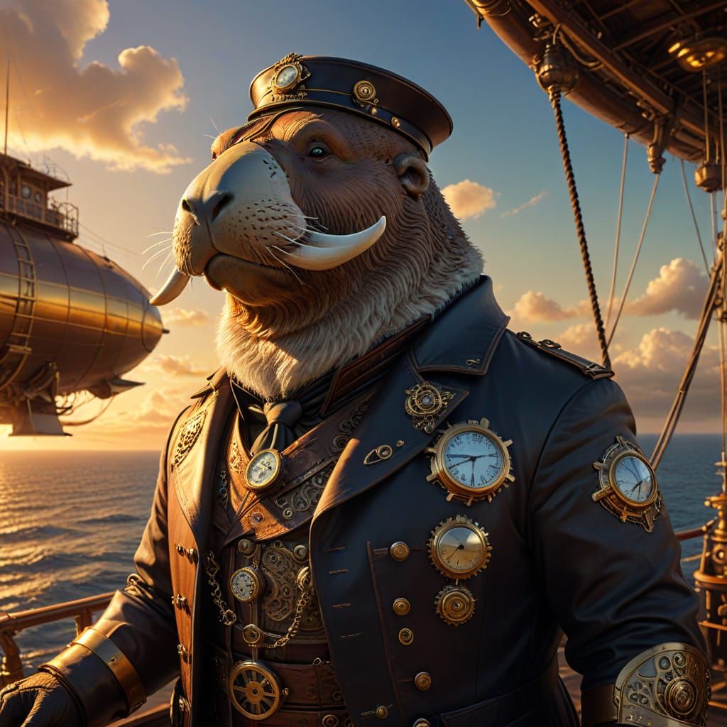 Steampunk Walrus Airship Captain in Golden Light