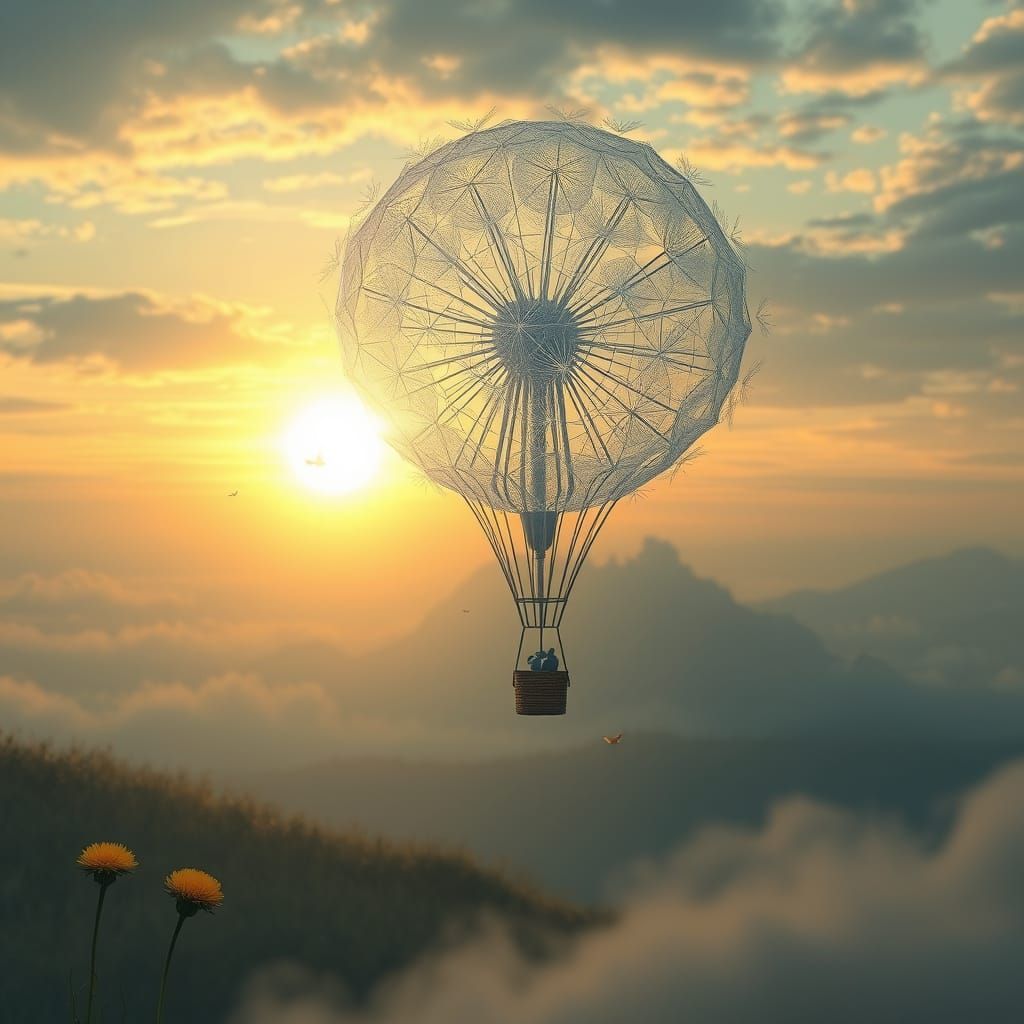 Ethereal Dandelion Hot Air Balloon with Iridescent Glow