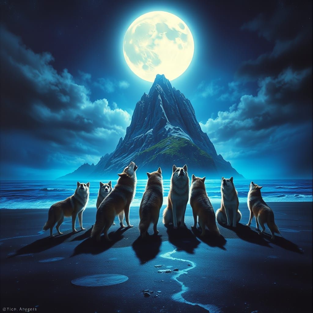Moonlit Wolves Gather on Mystical Island Beach