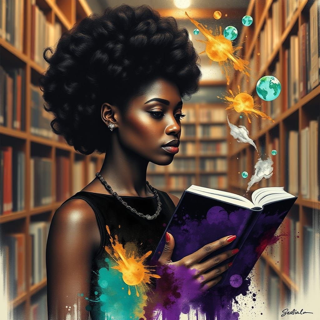 Ink Splash Art: Woman Reading with Dreams