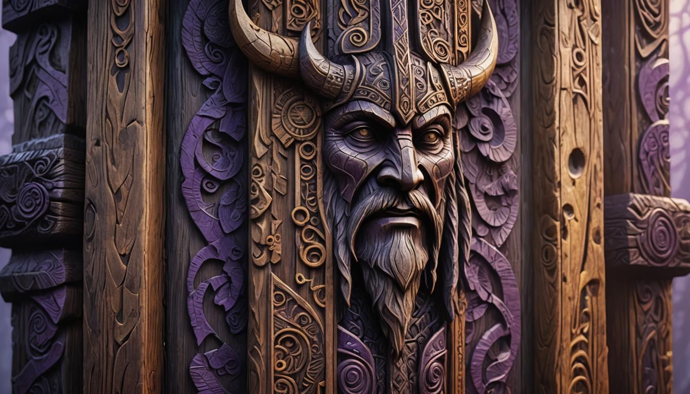 Dark Fantasy Viking Totem on Wood Column