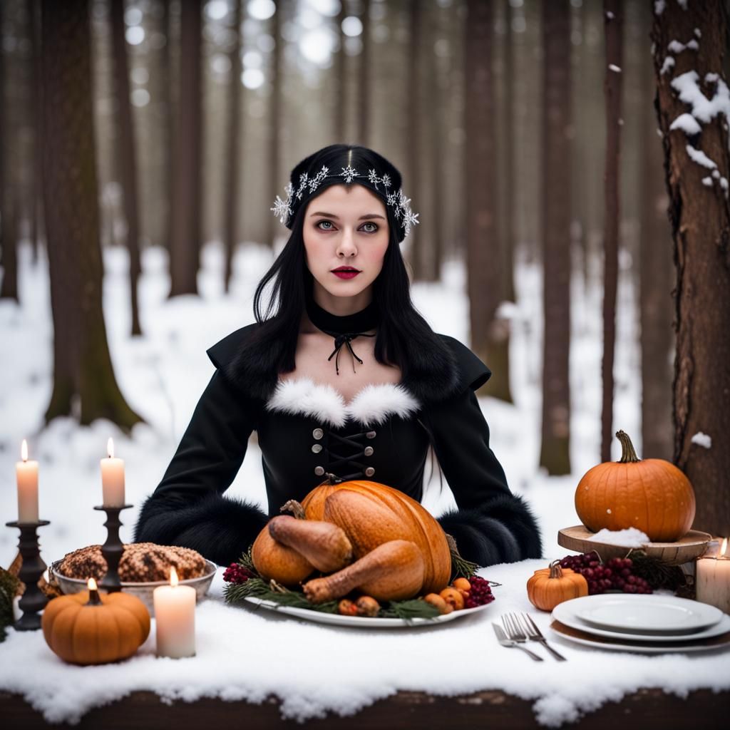 Gothic Pilgrim Thanksgiving in Winter Forest