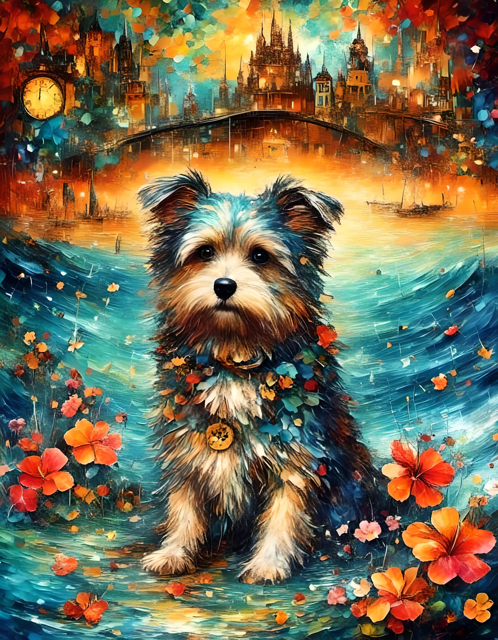 Old Dog on Beach with Hibiscus, Duy Huynh Style