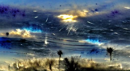 Raging Seascape with City Horizon in Steel and Blue