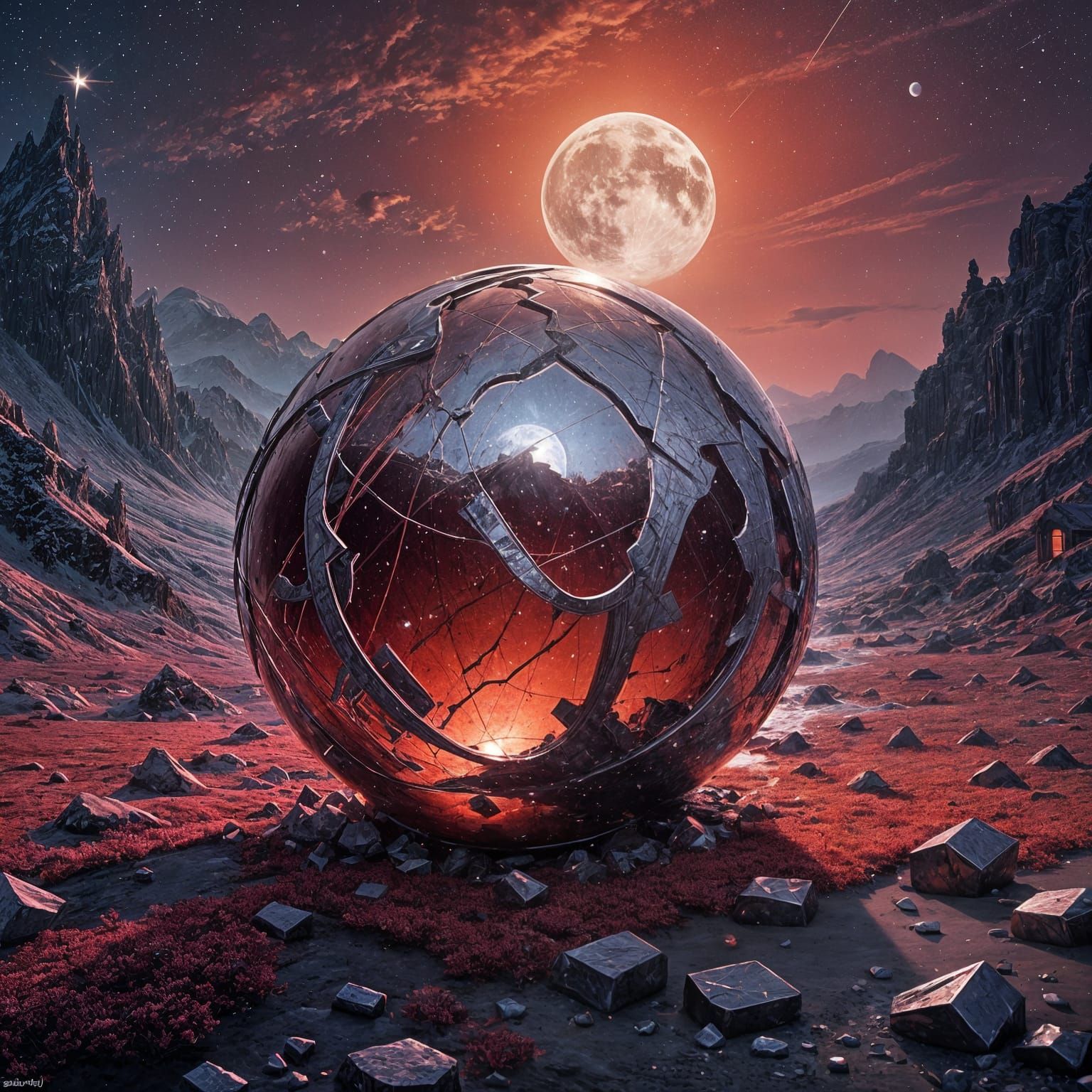 Silver Globe Falls from Starry Night Sky with Red Crystals