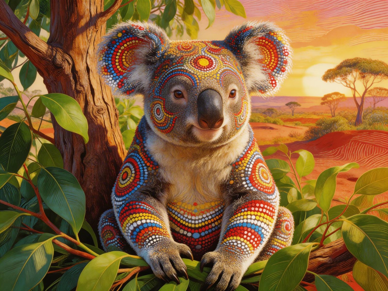 Majestic Koala Portrait in Aboriginal Dot Style