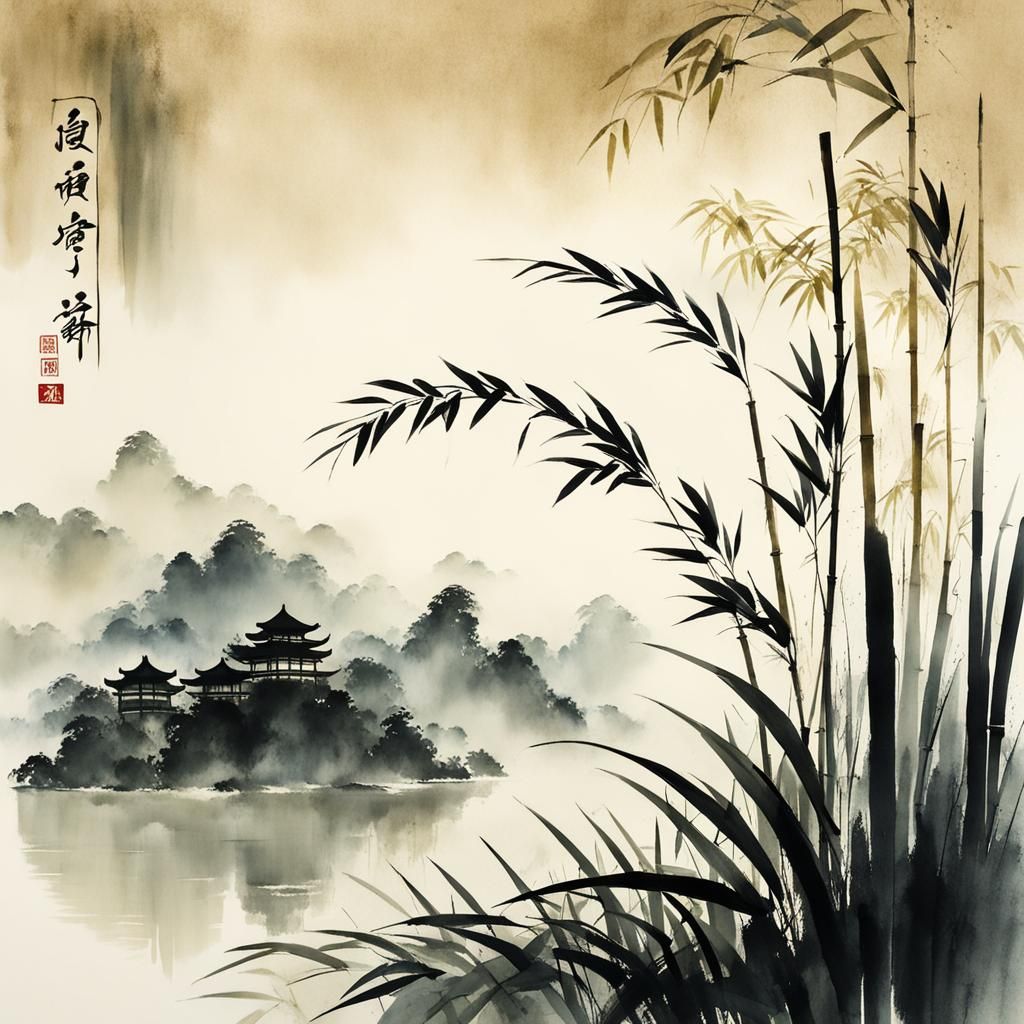 Bamboo Blossoms in Muted Chinese Ink Style