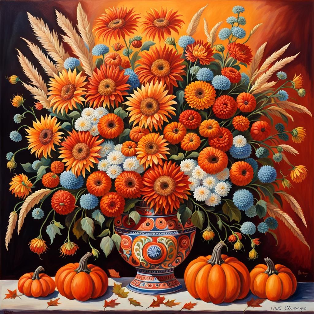 Autumn Flowers and Pumpkins Still Life in Gouache