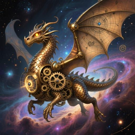 A celestial clockwork dragon soaring through a nebula of swi...