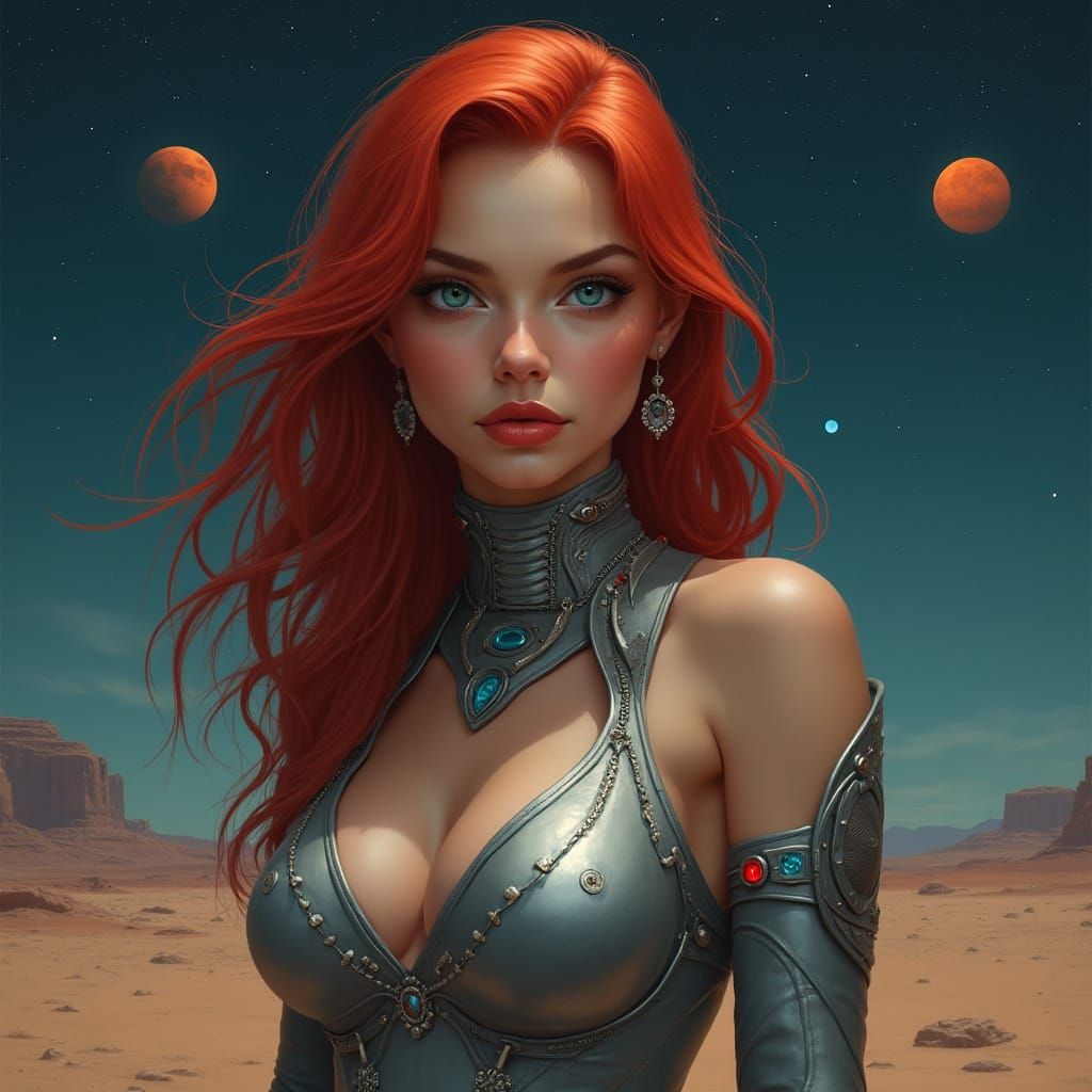 Hyperrealistic Woman with Flaming Hair on Alien Planet