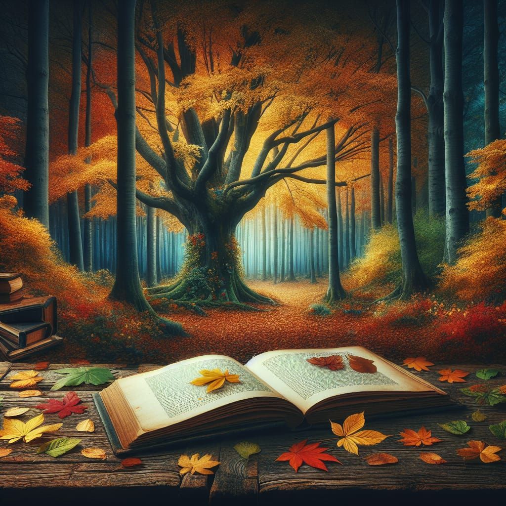 The book is lying on its side on a wooden table with autumn ...