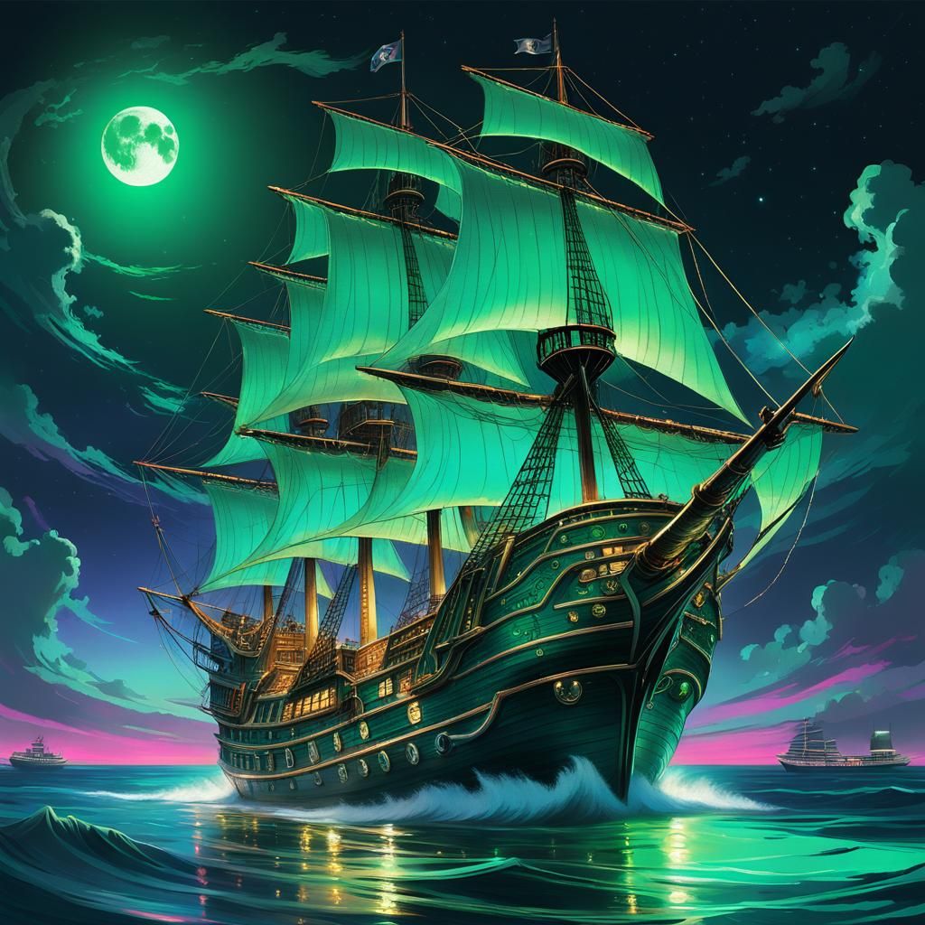 Pirate ship under the full moon