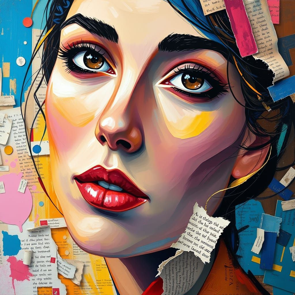 Abstract Woman Portrait Blending Books in Bold Oil Strokes